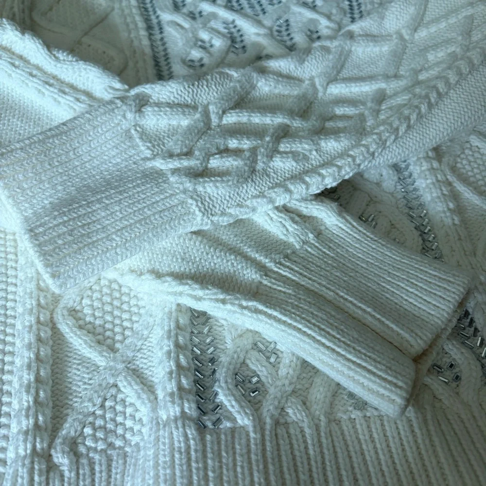 J. Crew White Cable Knit Crystal Embellishments Sweater Top, Large